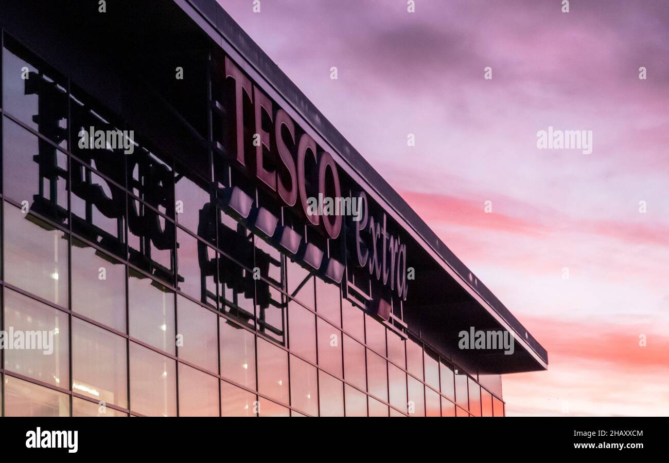 Sunrise view, the outside of Tesco extra supermarket, Galashiels, Scottish Borders, Scotland. Picture Credit: phil wilkinson/Alamy Live News Stock Photo