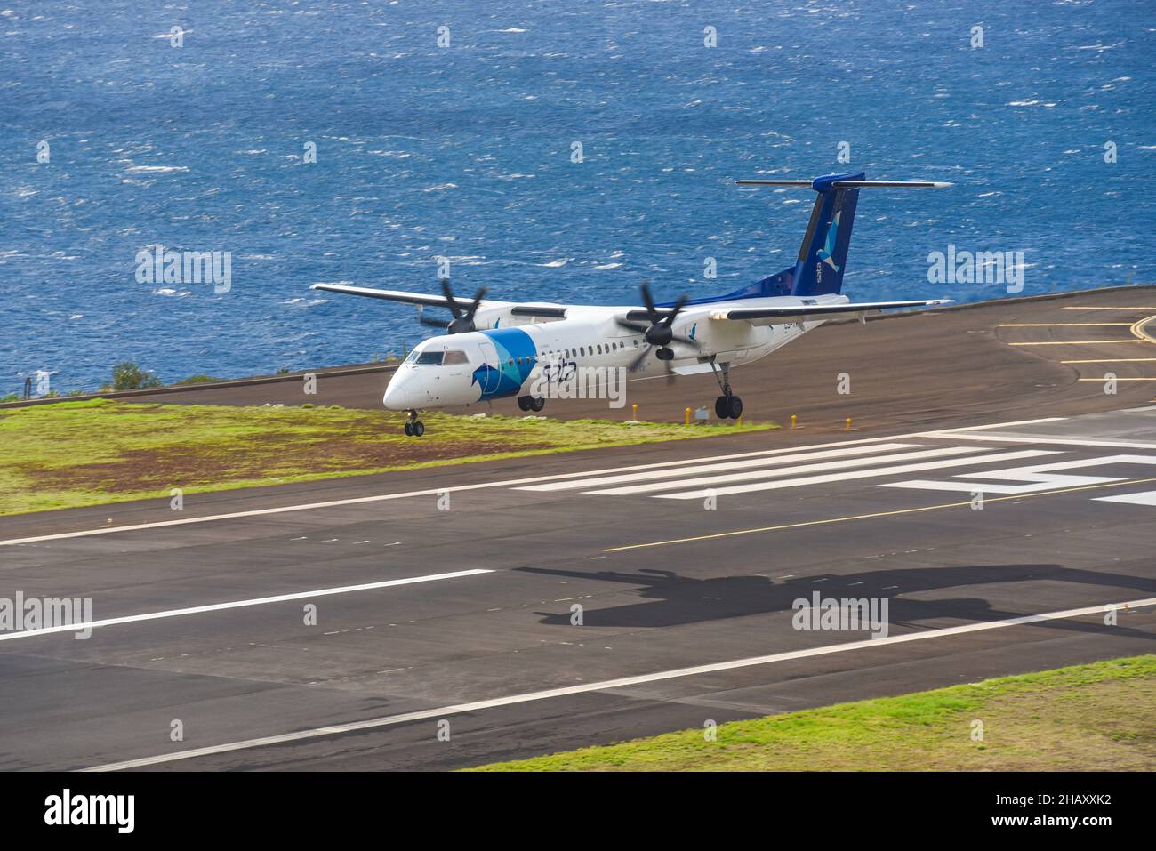 SATA Portugal plane landing at Funchal Airport, Madeira Stock Photo