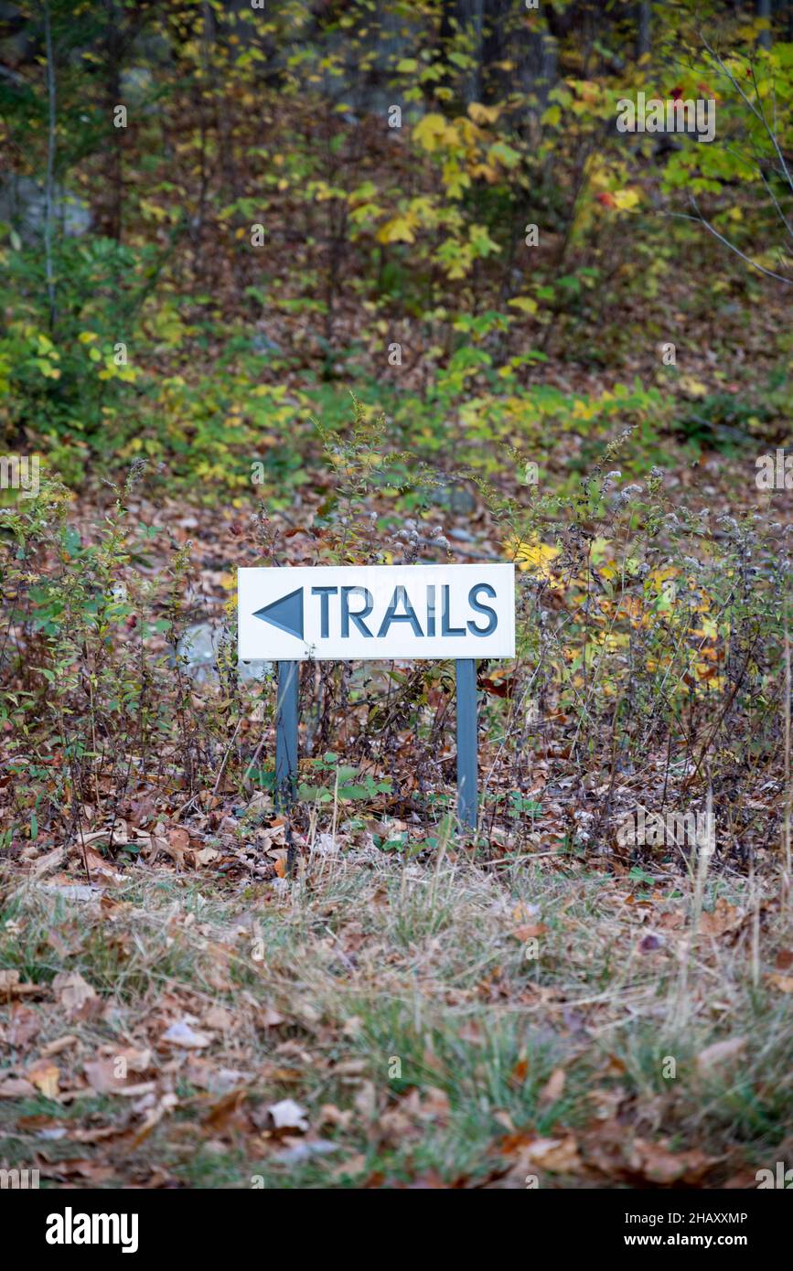 Ga Path. Sign Sign pointing to the left TRAILS in a planted area with leaves falling ...