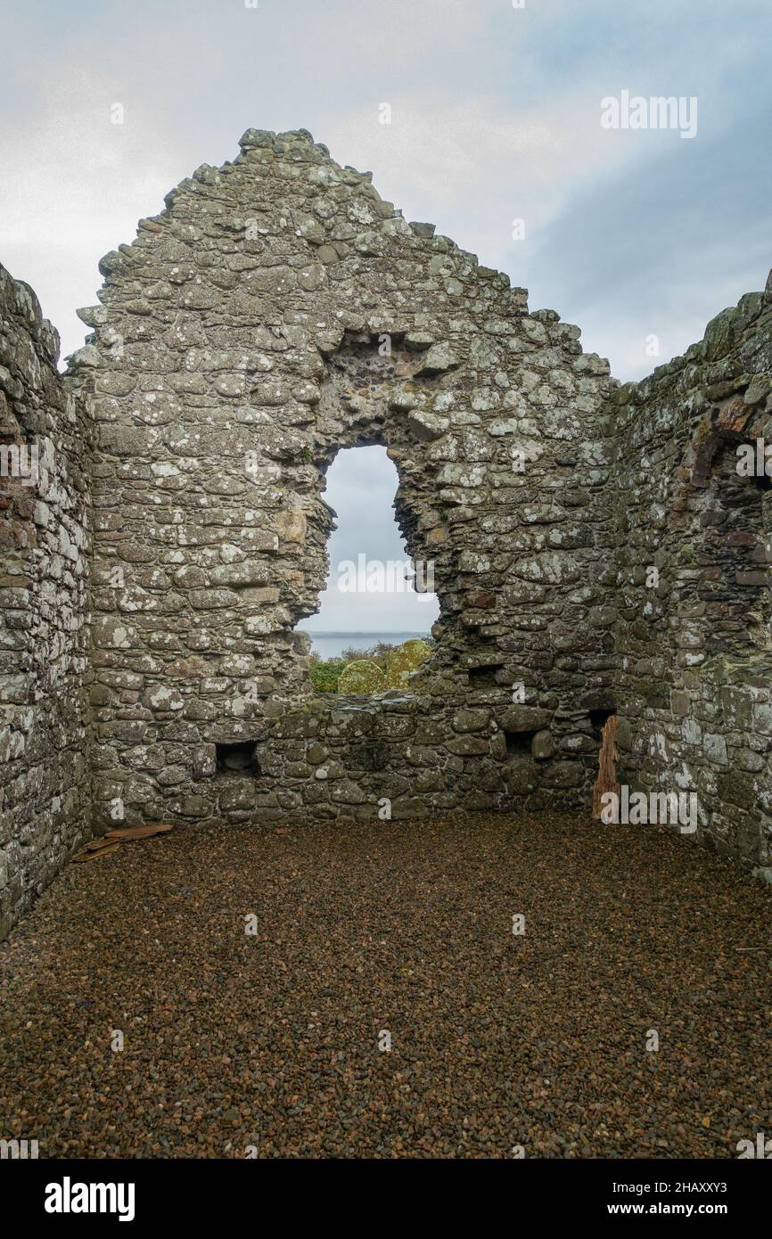 The ruins of a 13th century Church at Cranfield and St Olcan's Shrine