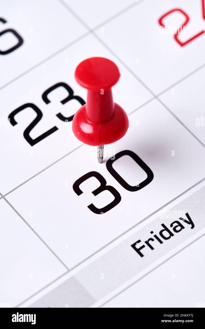 Last chance concept with colored push pins on monthly calendar. Last