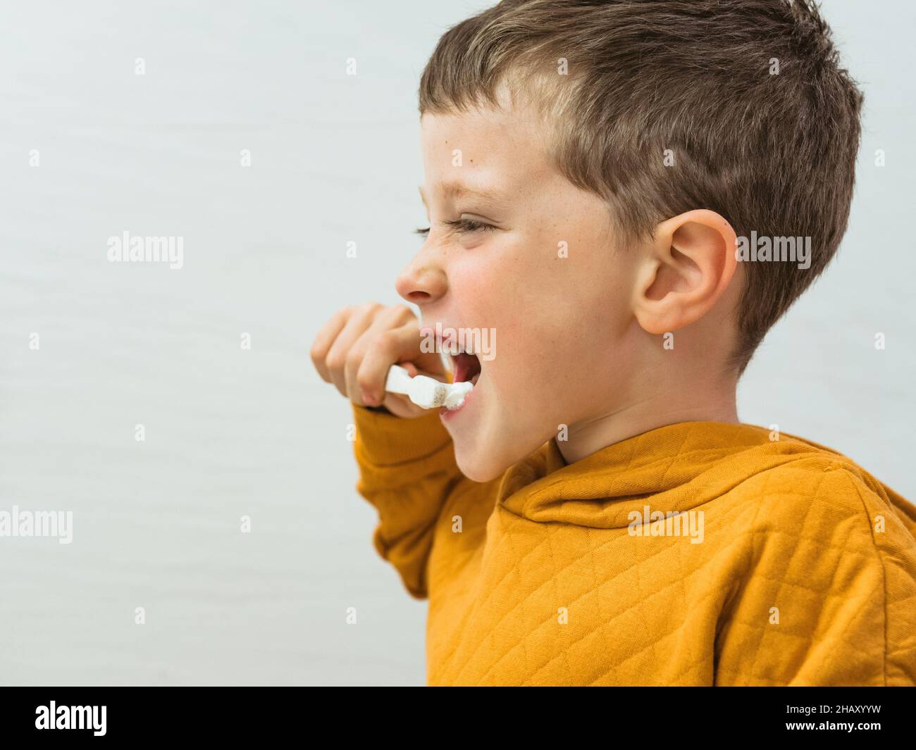 Cute boy in casual wear brushing teeth in bathroom during morning ...