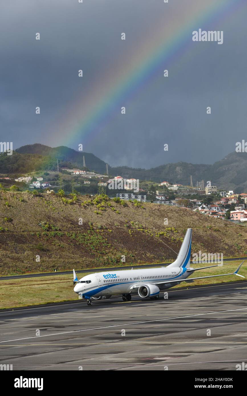 ENTER Air Plane getting ready for take-off at Funchal Airport, Madeira Stock Photo
