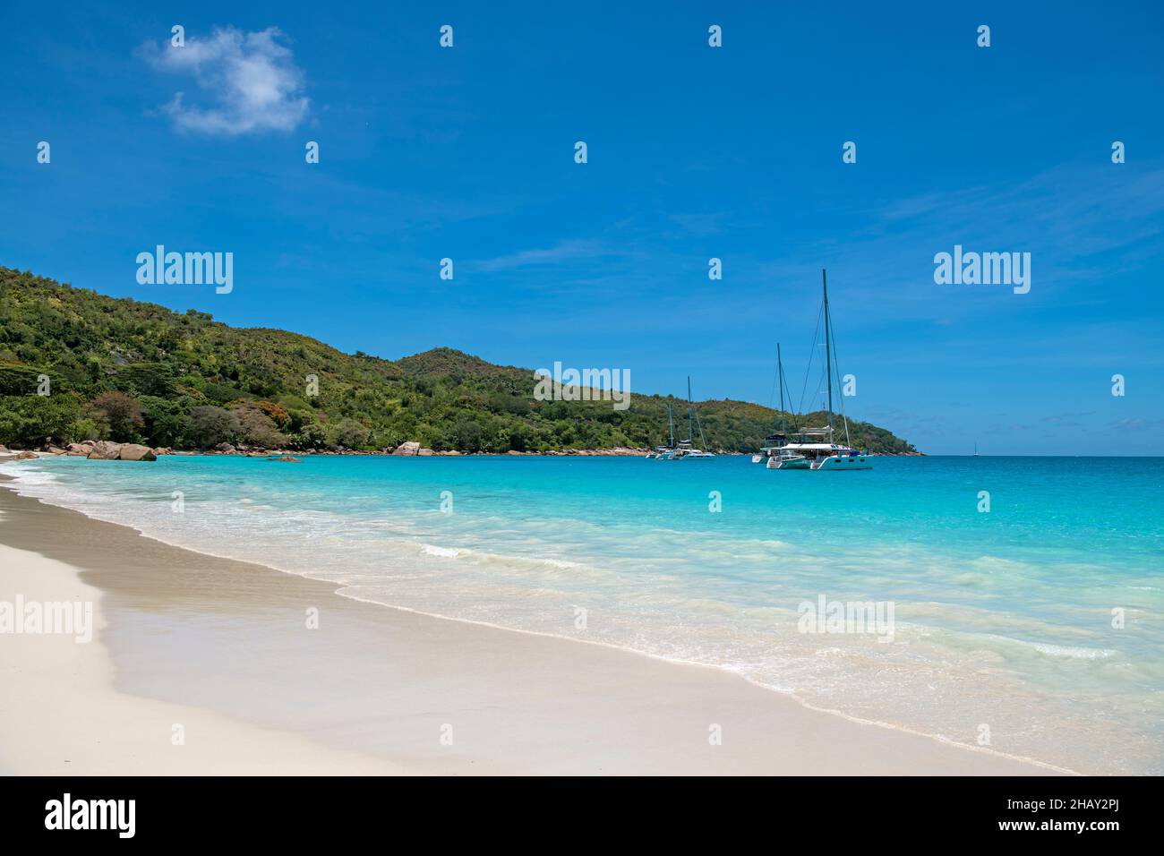 Pristine beach Chevalier Bay Anse Lazio Praslin Island north coast Seychelles Stock Photo