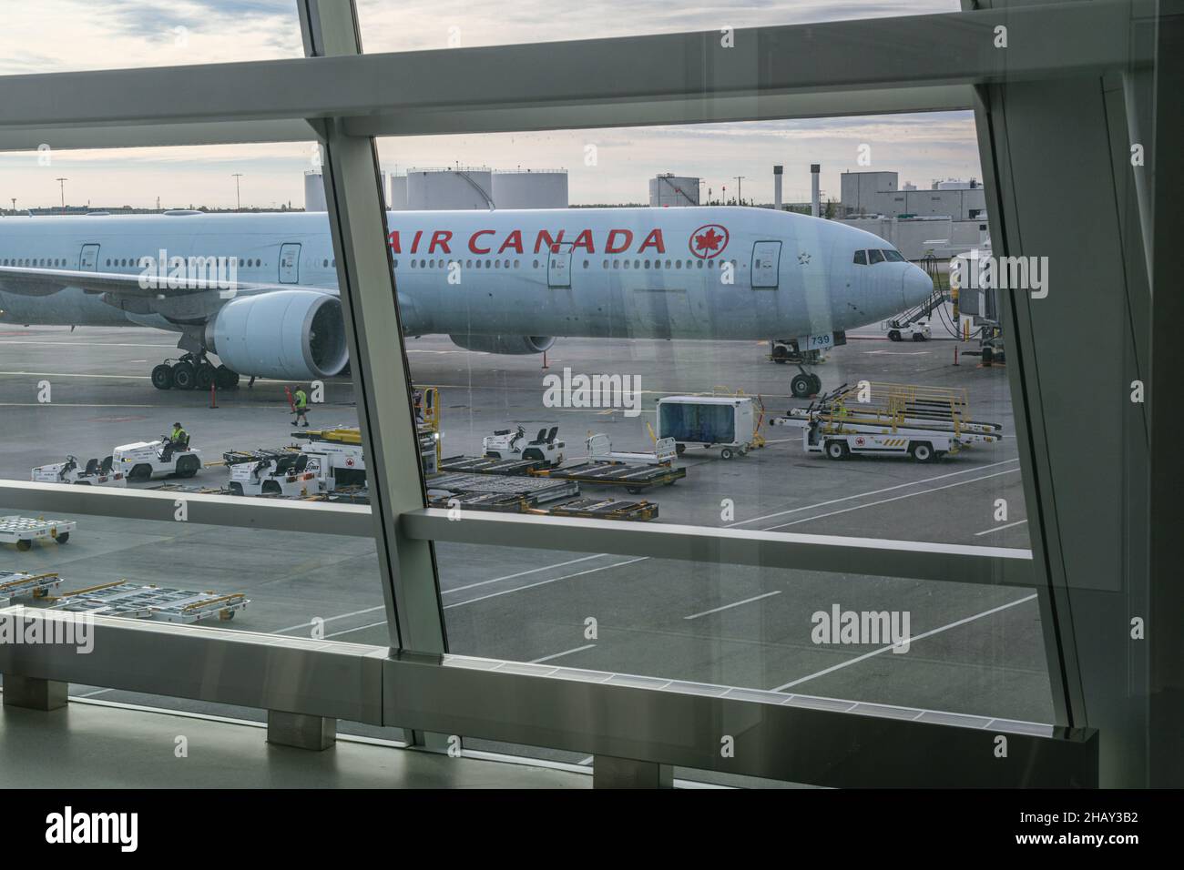 Calgary, Canada - 2 October 2021: Air Canada commercial plane on the tarmac of Calgary International Airport Stock Photo