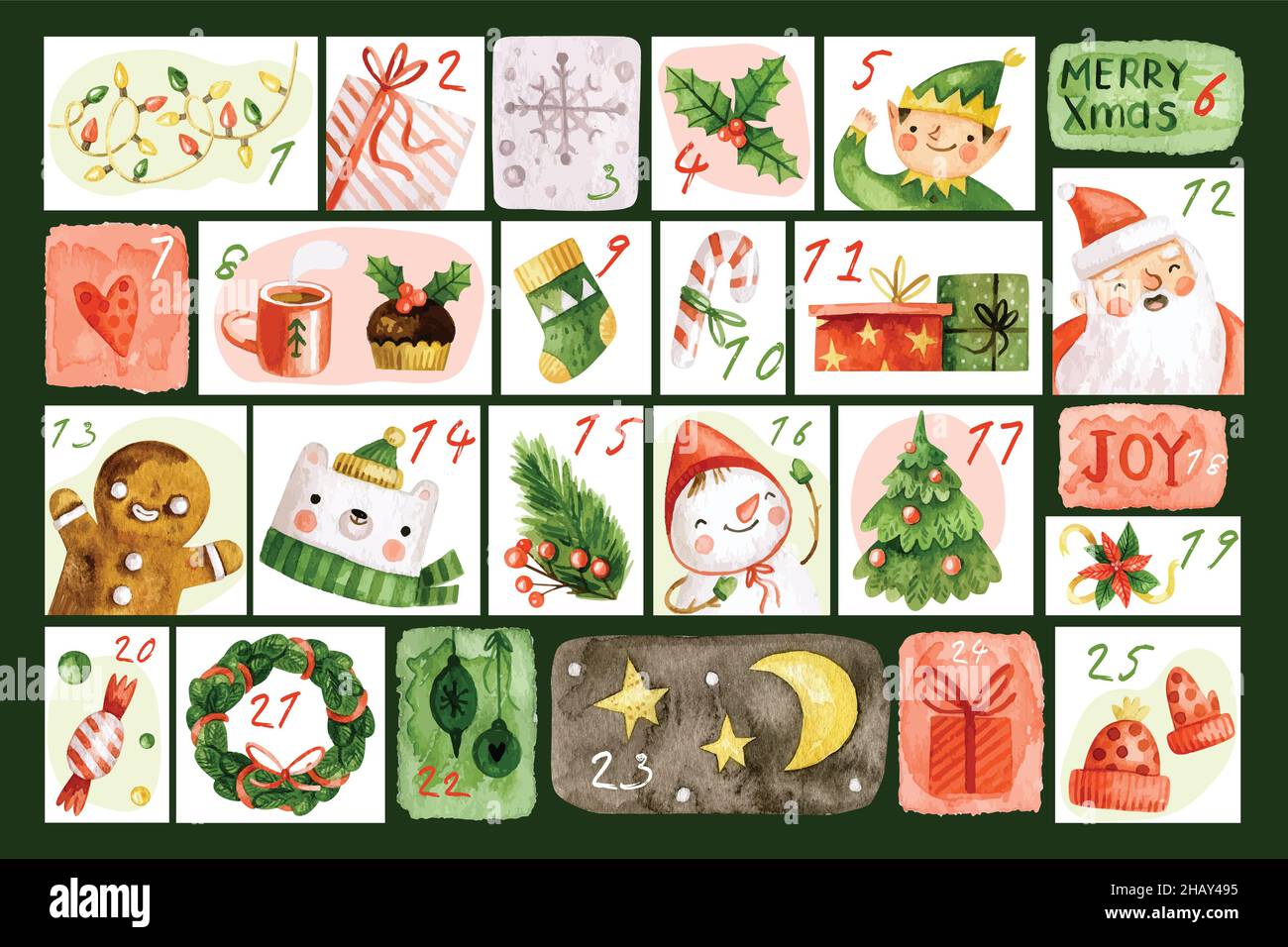 watercolor advent calendar vector design illustration Stock Vector