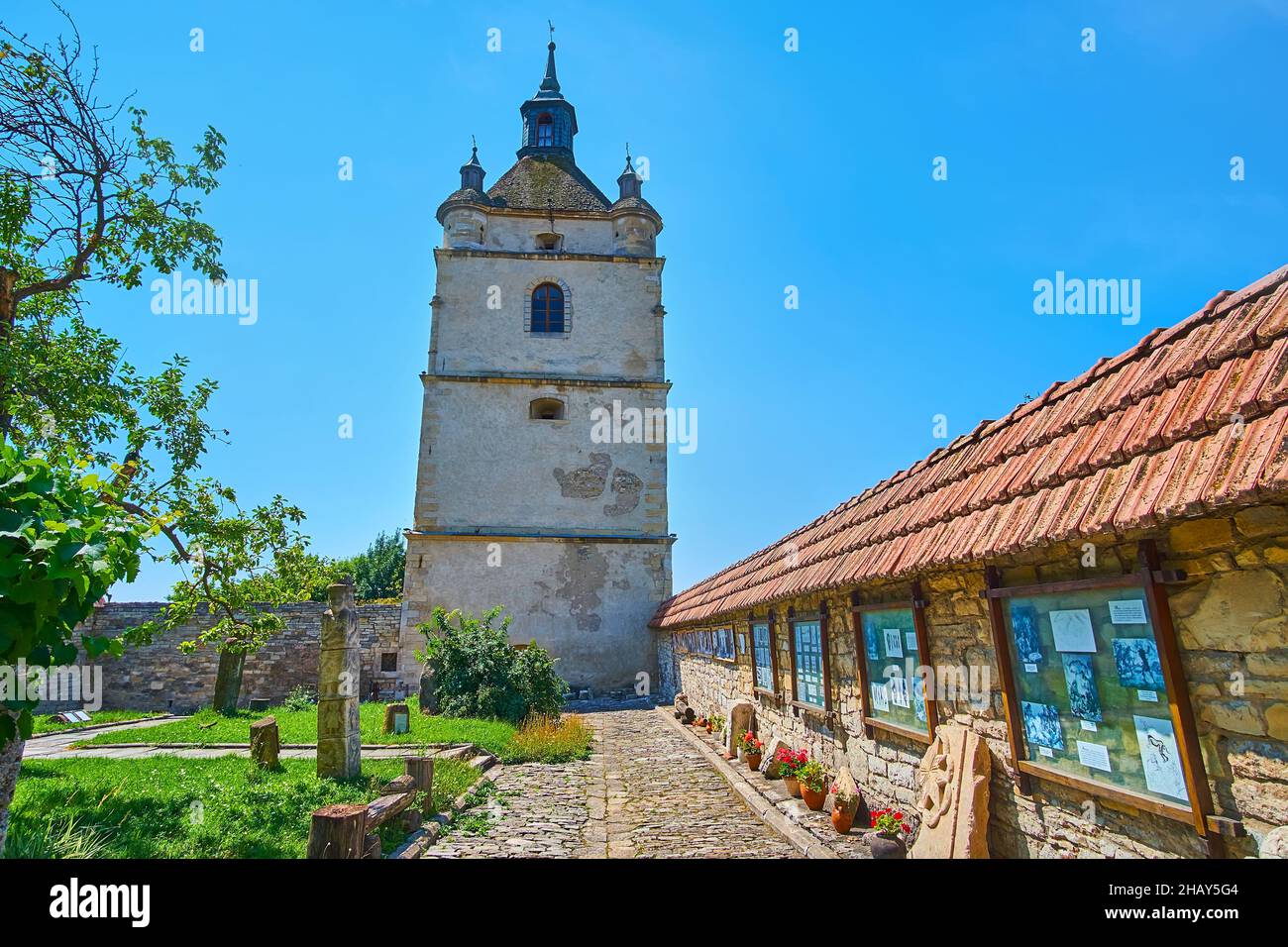 The St Stepanos bell tower of ruined Armenian Church is seen from the courtyard of Archaeological Museum, Kamianets-Podilskyi, Ukraine Stock Photo