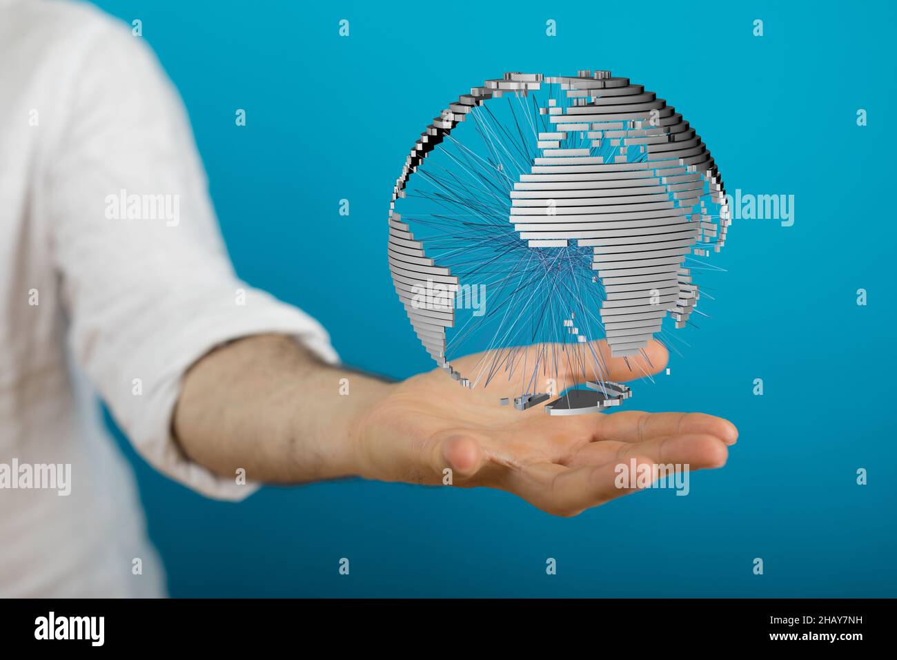 3D rendered futuristic globe held in a person's hand Stock Photo - Alamy