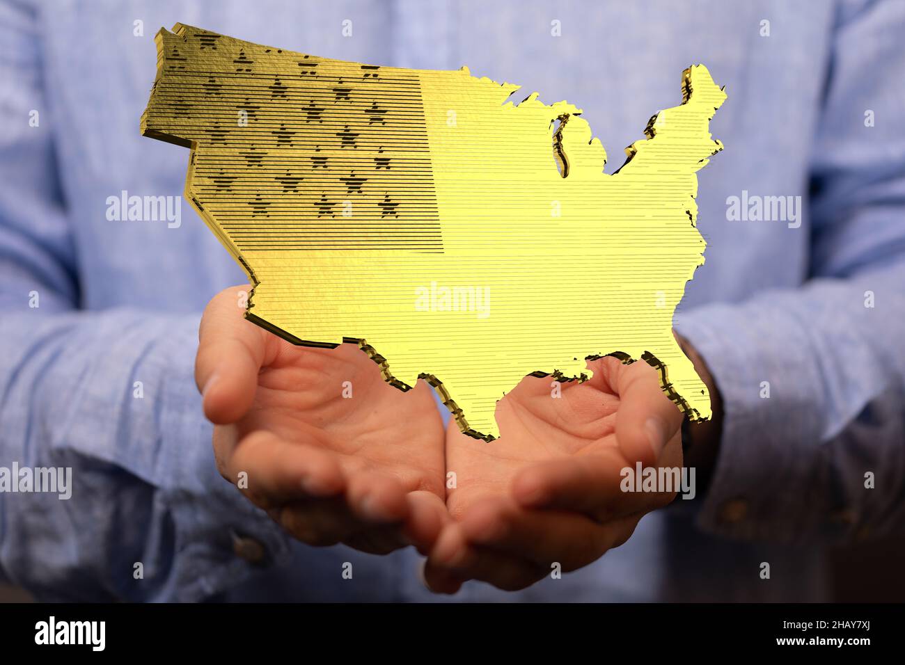 3D rendered USA map hovering on a person's hand Stock Photo - Alamy