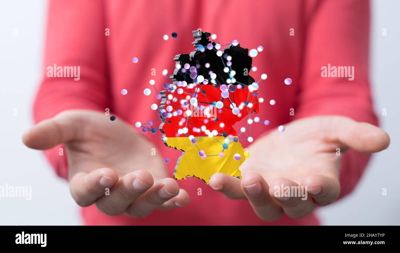 3D rendered German map hovering on a person's hand Stock Photo - Alamy