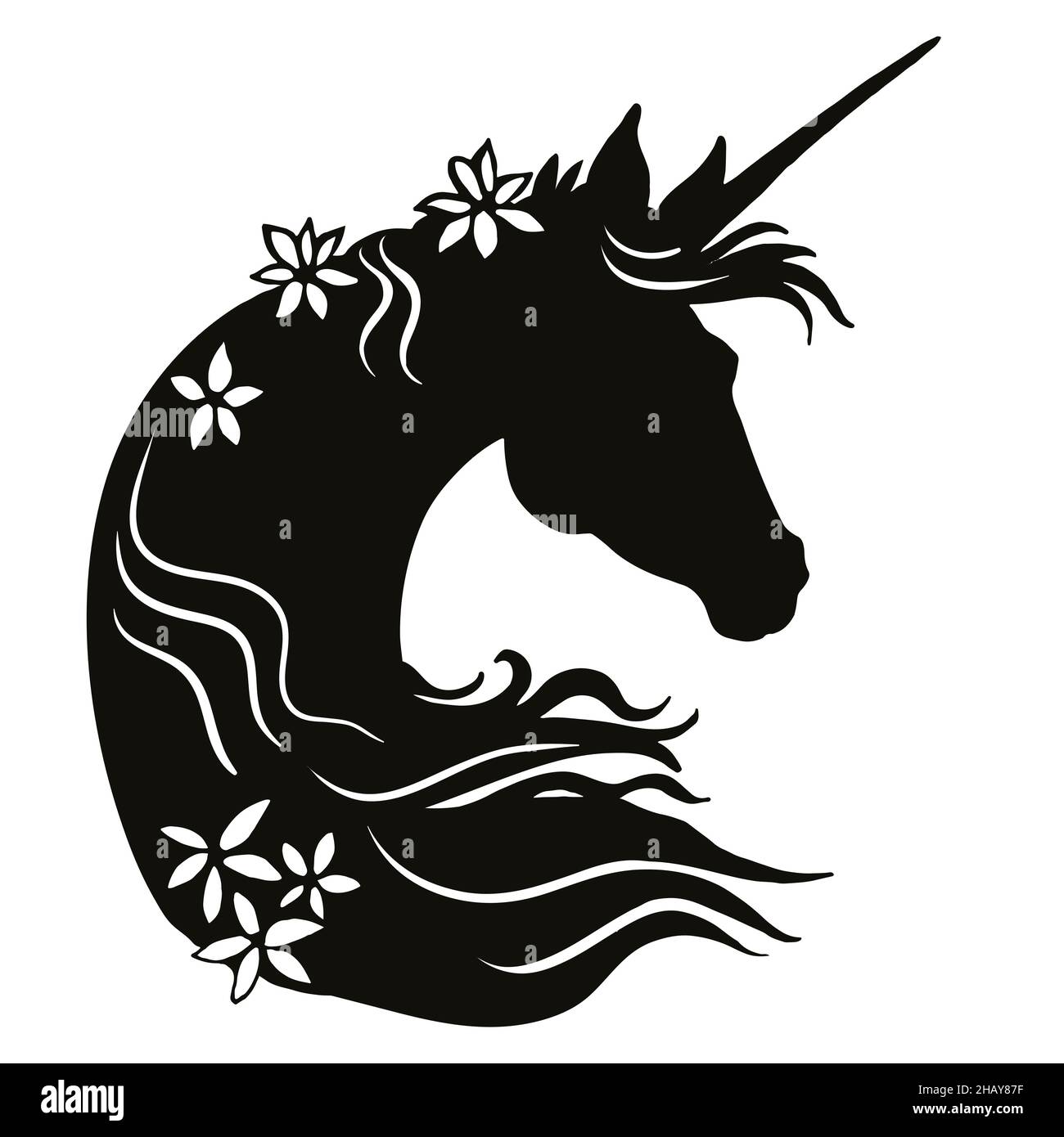 Black unicorn head silhouette vector isolated illustration Stock Vector