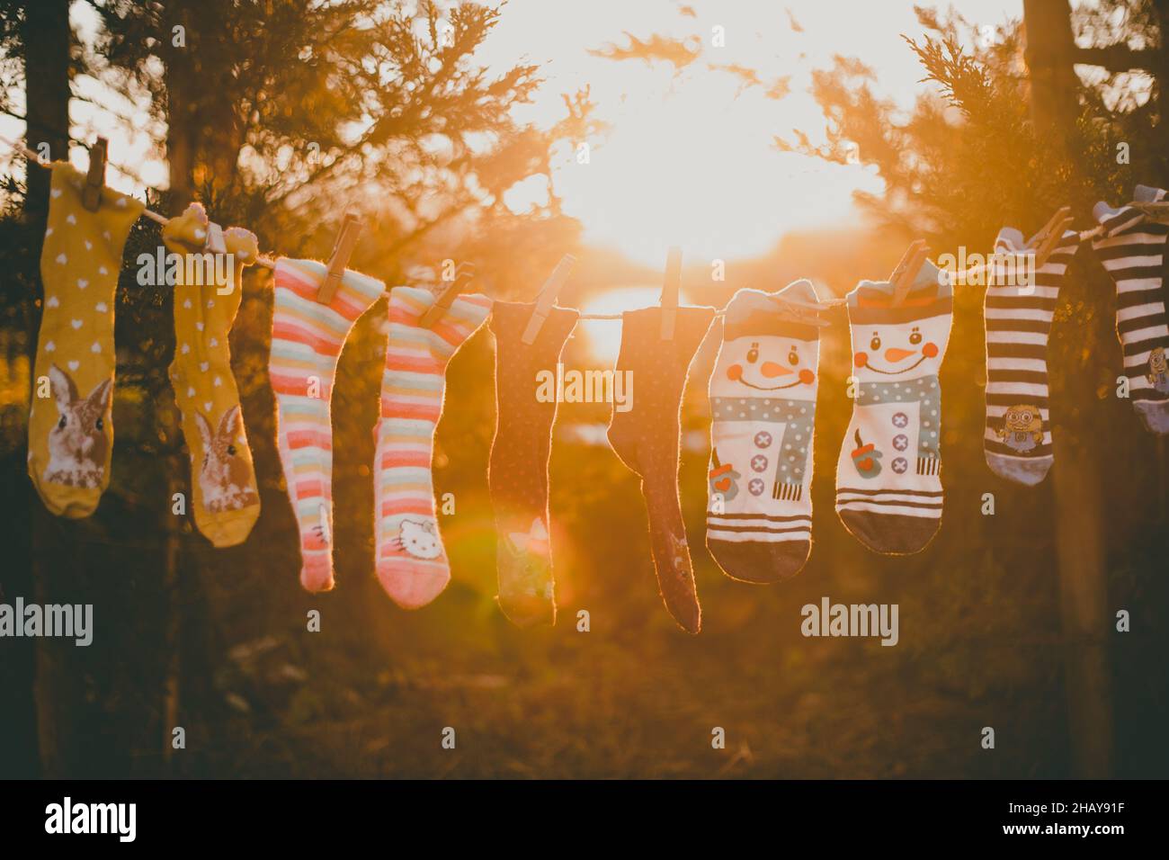 Five pairs of novelty socks hanging on a clothes line drying in sun Stock Photo