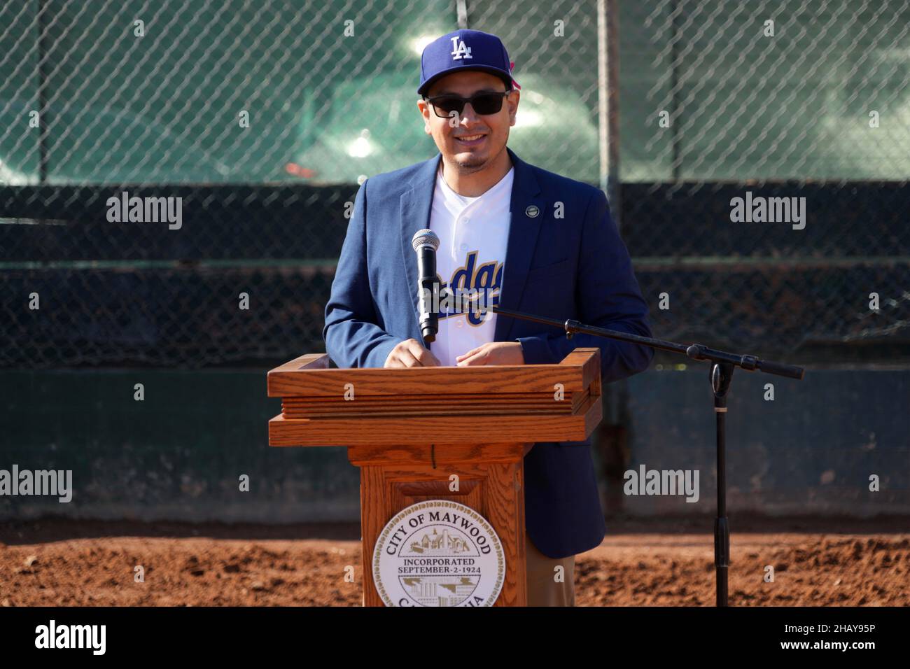 Maywood mayor Ricardo Lara speaks during a Dodgers Dreamfield ...