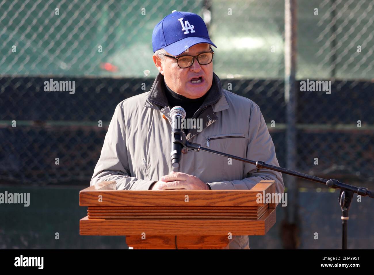 Jorge Jarrin, the son of Los Angeles Dodgers Spanish language broadcaster Jaime Jarrin, speaks during a Dodgers Dreamfield groundbreaking ceremony at Stock Photo