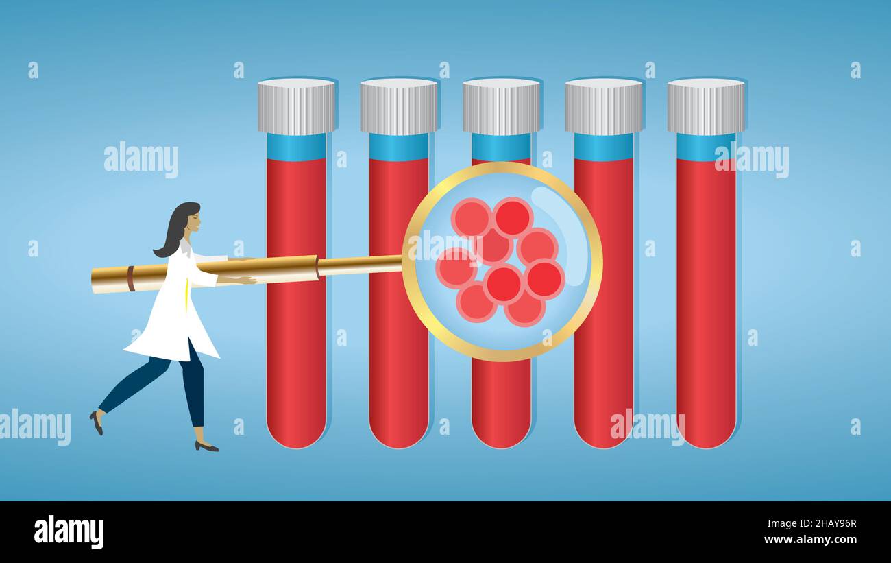 Blood laboratory. Woman with big golden magnifying glass. Vector illustration. EPS10. Dimension 16:9. Stock Vector