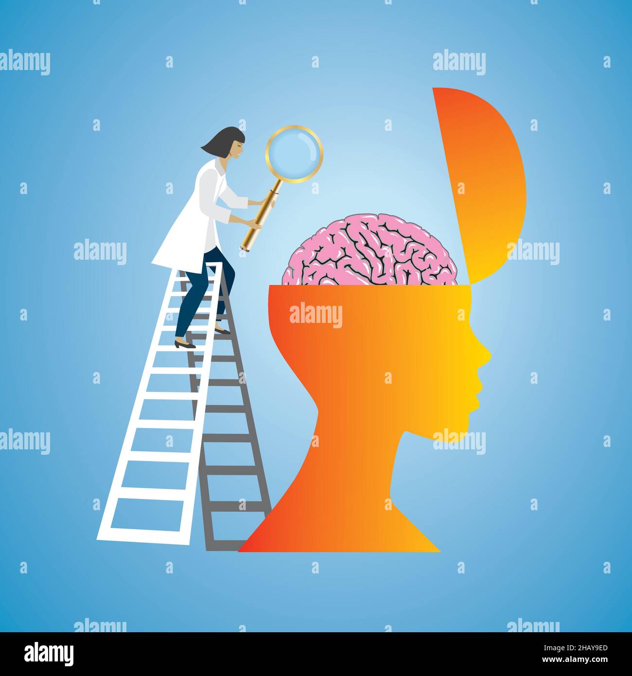 Woman, physician, neurologist examine brain with golden magnifying glass. Vector illustration. EPS10 Stock Vector