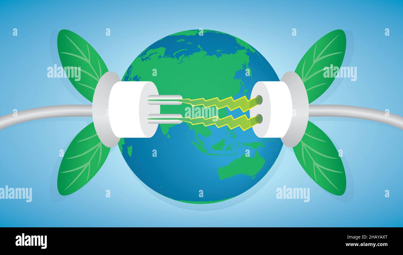 Green electricity, planet Earth and two electric cables. Vector illustration. EPS10. Stock Vector