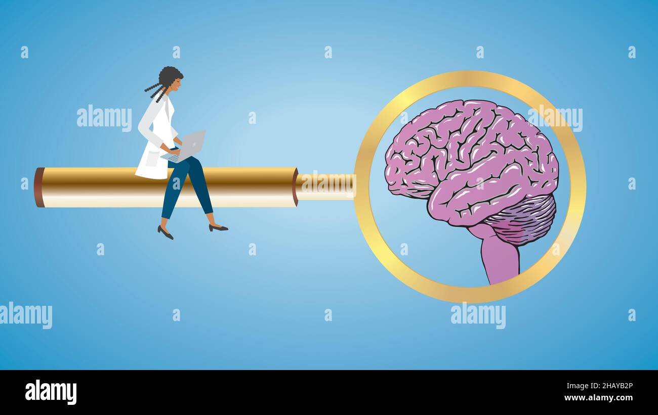 Focus on brain. Woman sitting on golden magnifying glass. Scientist, health care people, student or researcher. Vector illustration. Dimension 16:9. Stock Vector