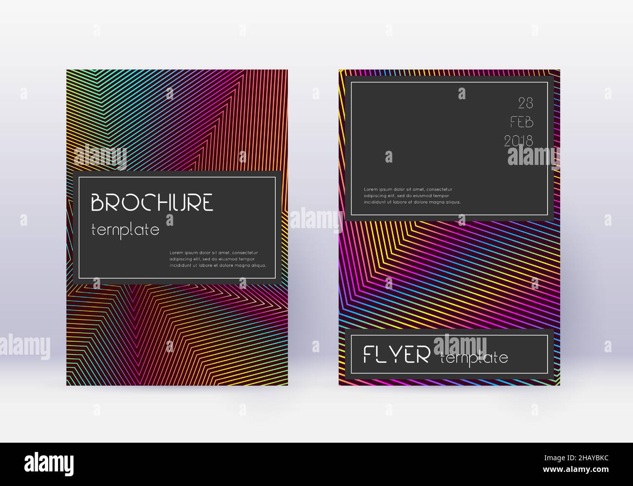 Black cover design template set. Rainbow abstract lines on wine red