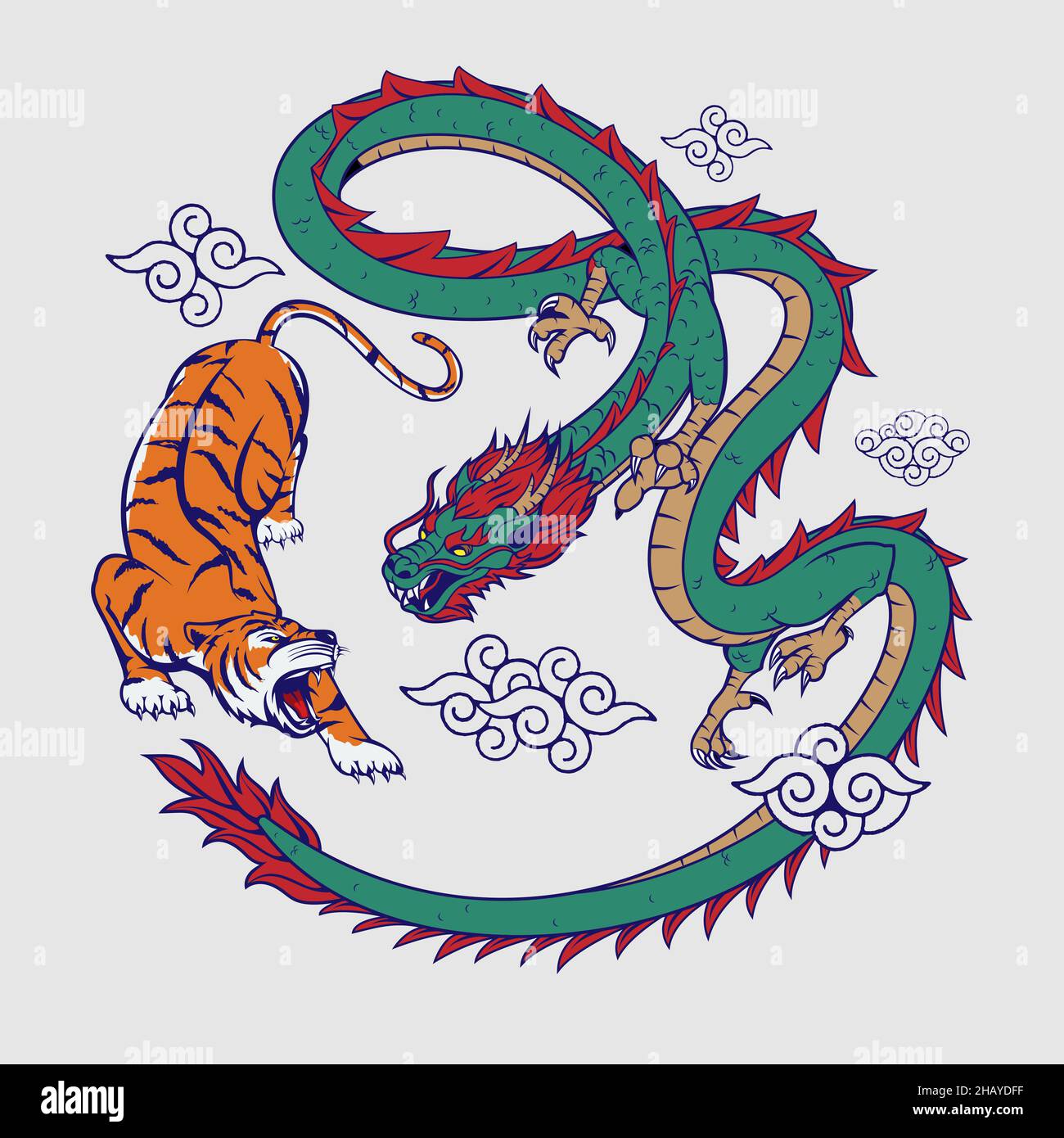 Tiger and Dragon flat color vector  illustration for insignia, t-shirt print, design element, or any other purpose. Stock Vector