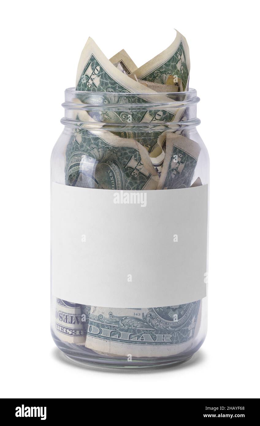 Tip Jar with Blank Label Cut Out on White. Stock Photo