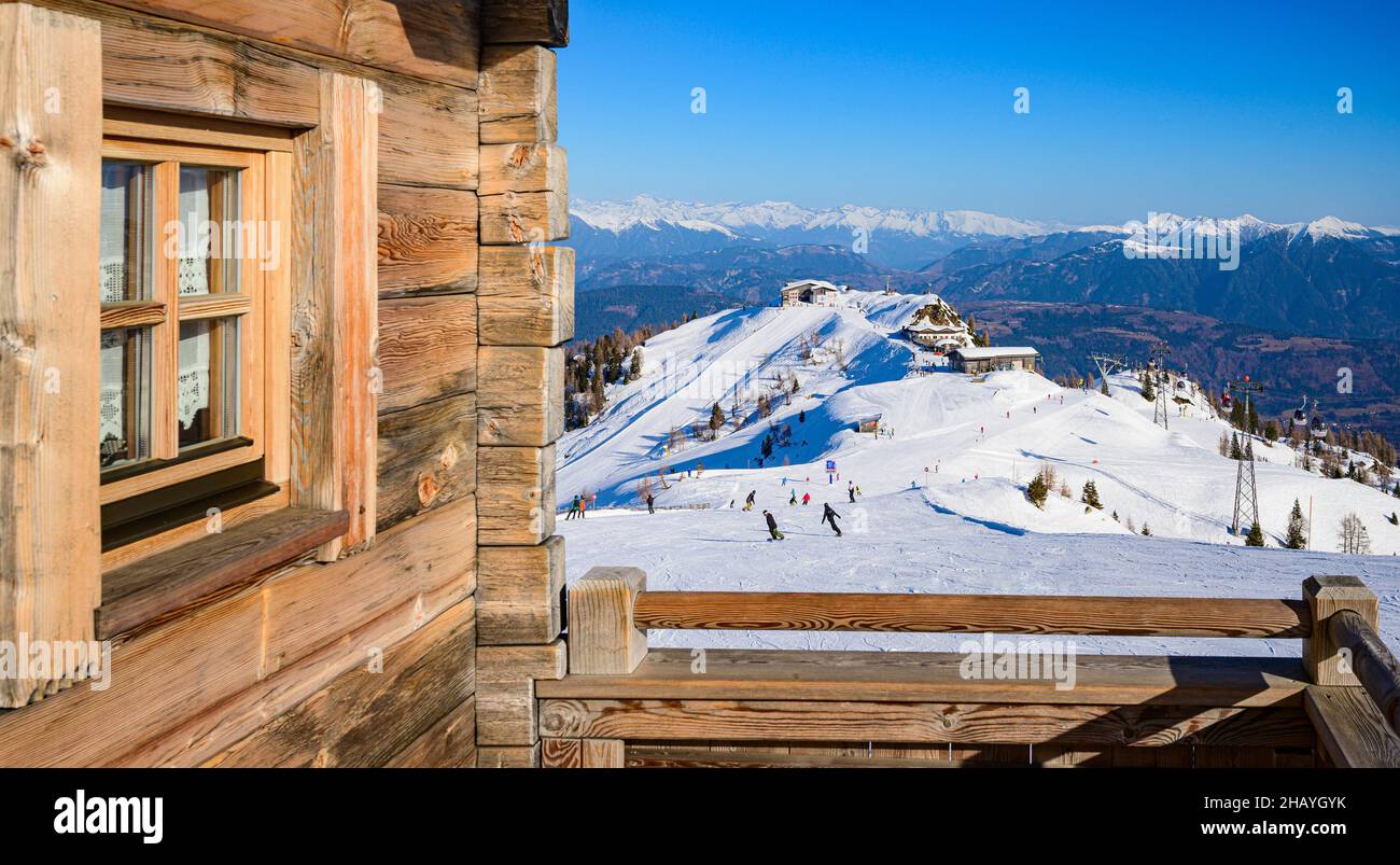 Restaurant window in the mountain setting of the Nassfeld ski center in Austria Stock Photo
