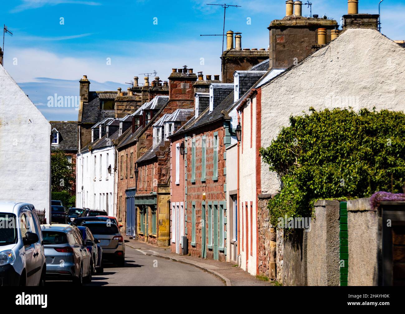 Cars parked in town street, Cromarty, Ross and Cromarty, Scottish