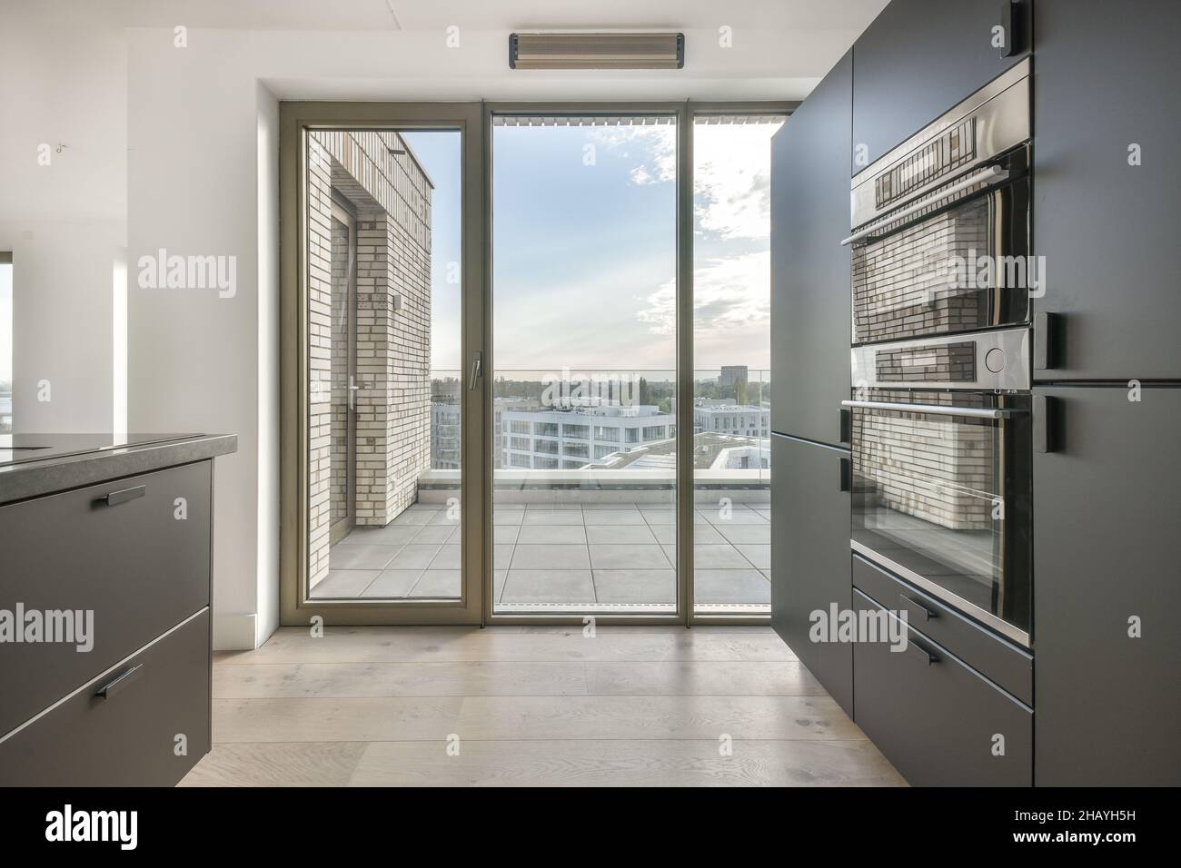 Interior of empty home kitchen with contemporary appliances Stock Photo ...