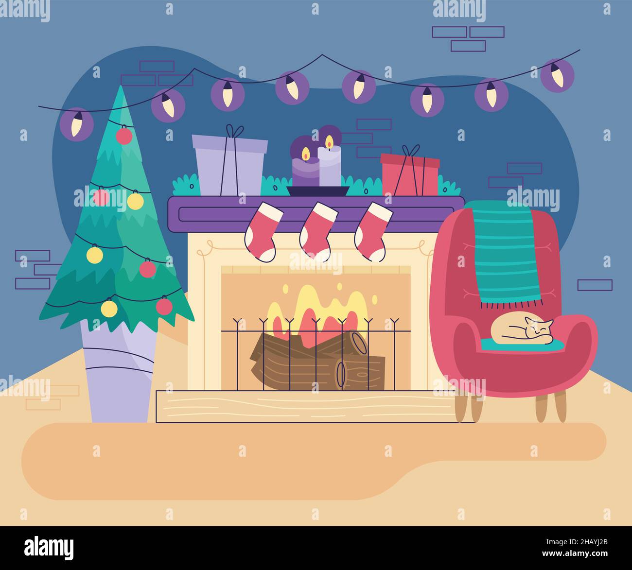 flat christmas fireplace scene vector design illustration Stock Vector ...