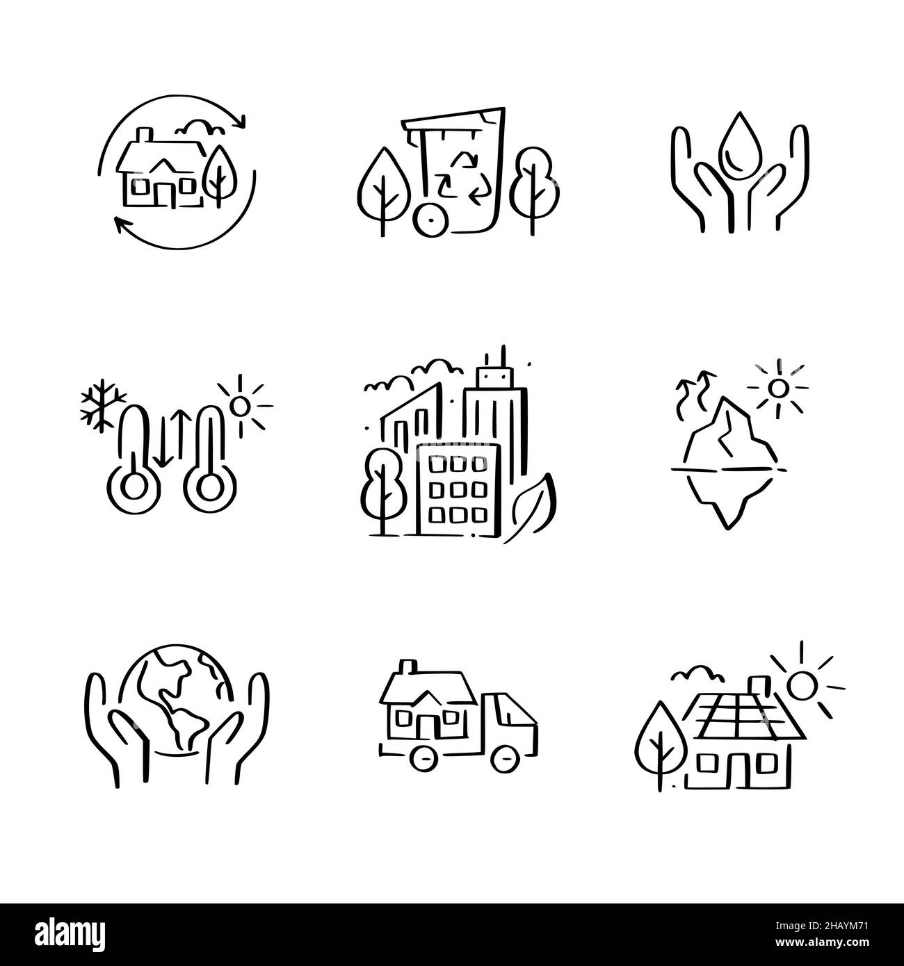 Global warming effects and prevention. Water conservation, clean energy and recycling. Doodle style icons Stock Vector