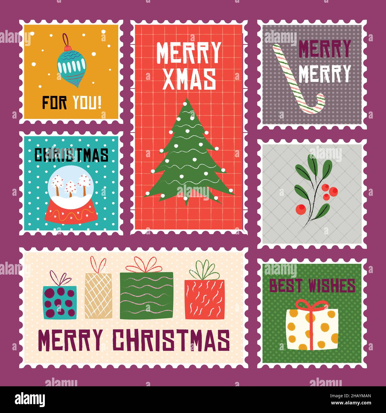 hand drawn christmas stamps vector design illustration Stock Vector