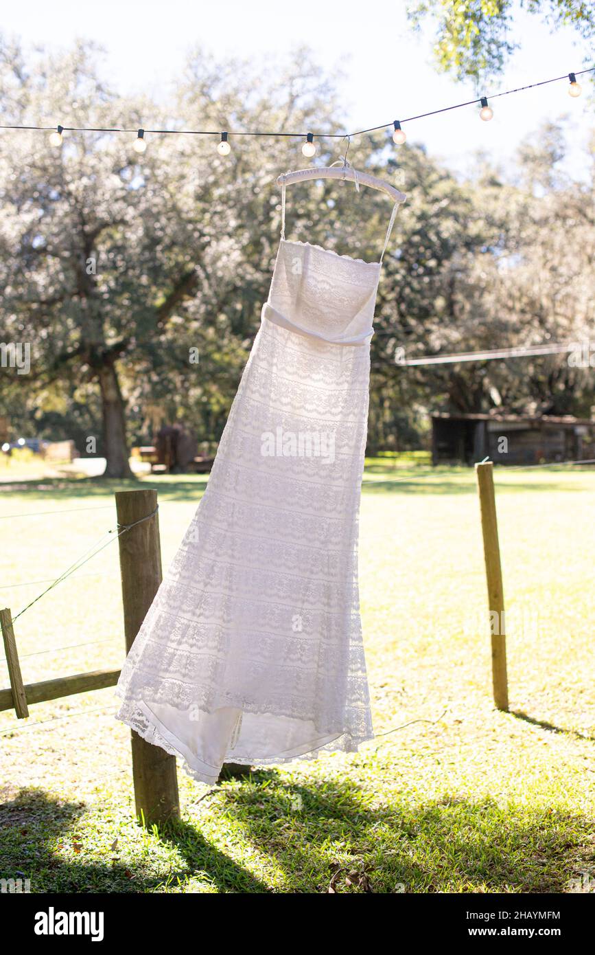 White wedding dress on hanger hanging from tree Stock Photo - Alamy