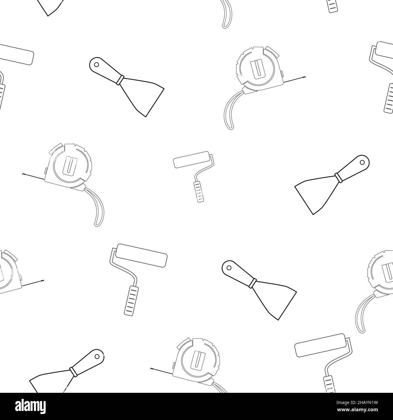 Pattern of tape measure, construction spatula and roller for painting works. Linear design. On a white background. Tools for any specialist. Flat Stock Vector