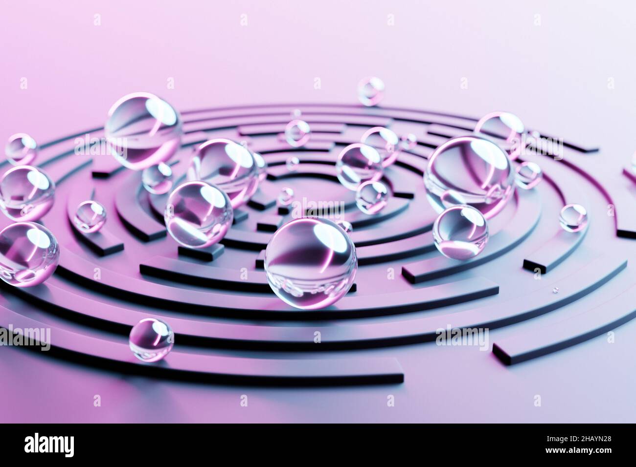 3d illustration of a pink circular corridor - puzzle with bubles. 3D Labyrinth with volumetric walls. Dungeon escape or puzzle level design. Stock Photo