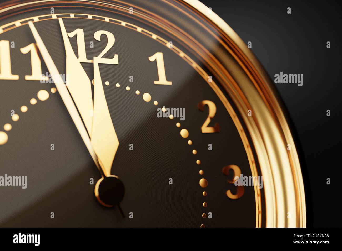 3d illustration close up of antique golden round clock on black ...