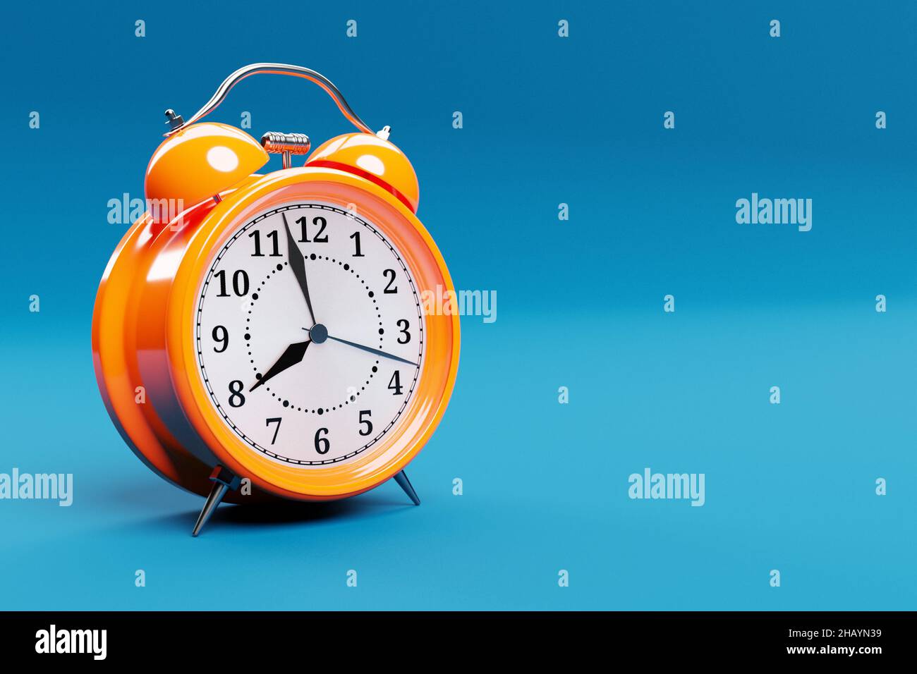 An orange vintage alarm clock standing on the floor with a bright blue background. 3d render illustration Stock Photo