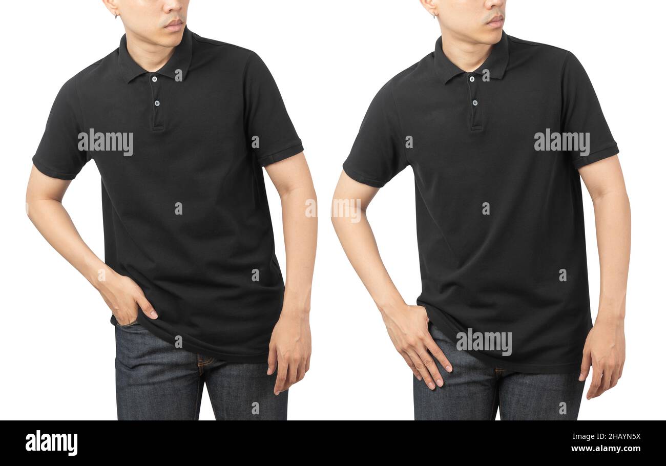 Young man in blank Polo t-shirt mockup front and back used as design template, isolated on white background with clipping path. Stock Photo