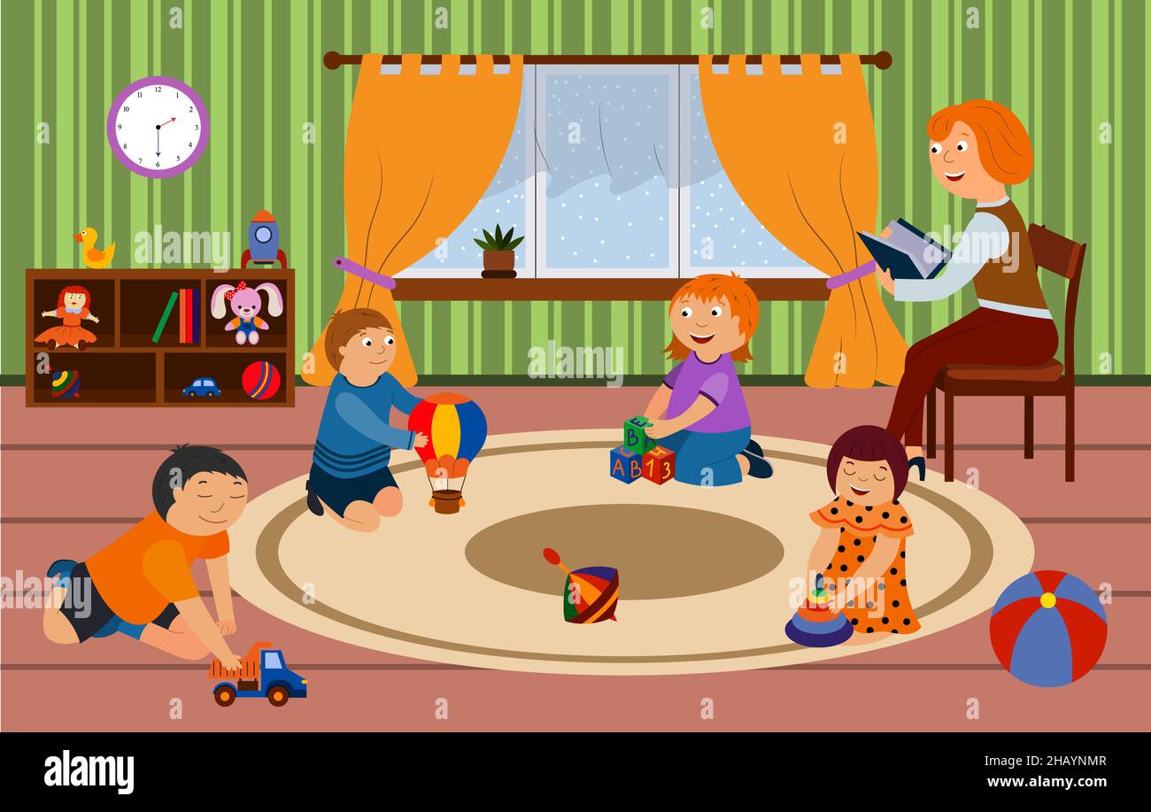 Children in kindergarten are sitting on the carpet with the teacher, the teacher is reading a book, children are playing with toys. vector isolated on Stock Vector