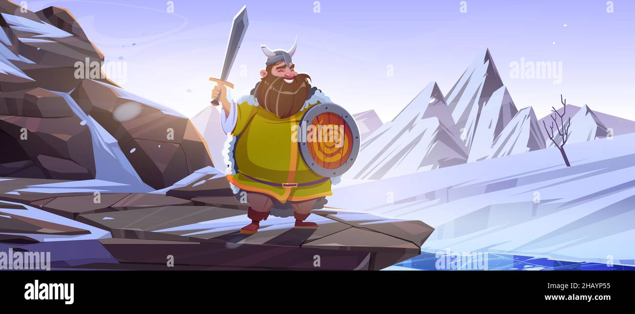 Viking, scandinavian warrior, cartoon character. Funny fat man barbarian soldier with beard wearing cape, horned helmet, sword and round shield stand on northern rocky landscape, vector illustration Stock Vector