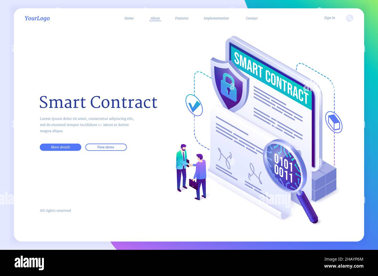 Smart contract isometric landing page. Concept of electronic signature,  blockchain crypto technology. Businessmen handshake at huge tablet with  digita Stock Vector Image & Art - Alamy