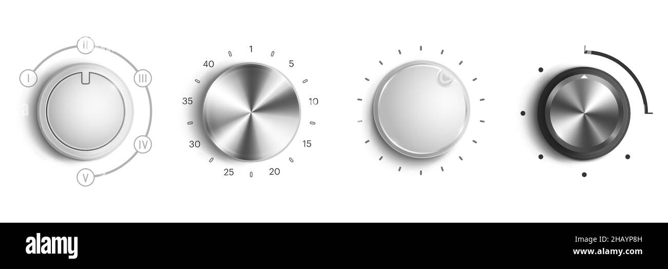 Volume control knobs, round switches with sound level dial. Vector realistic set of 3d audio tuners, metal and white circle regulators of loud or power isolated on background Stock Vector