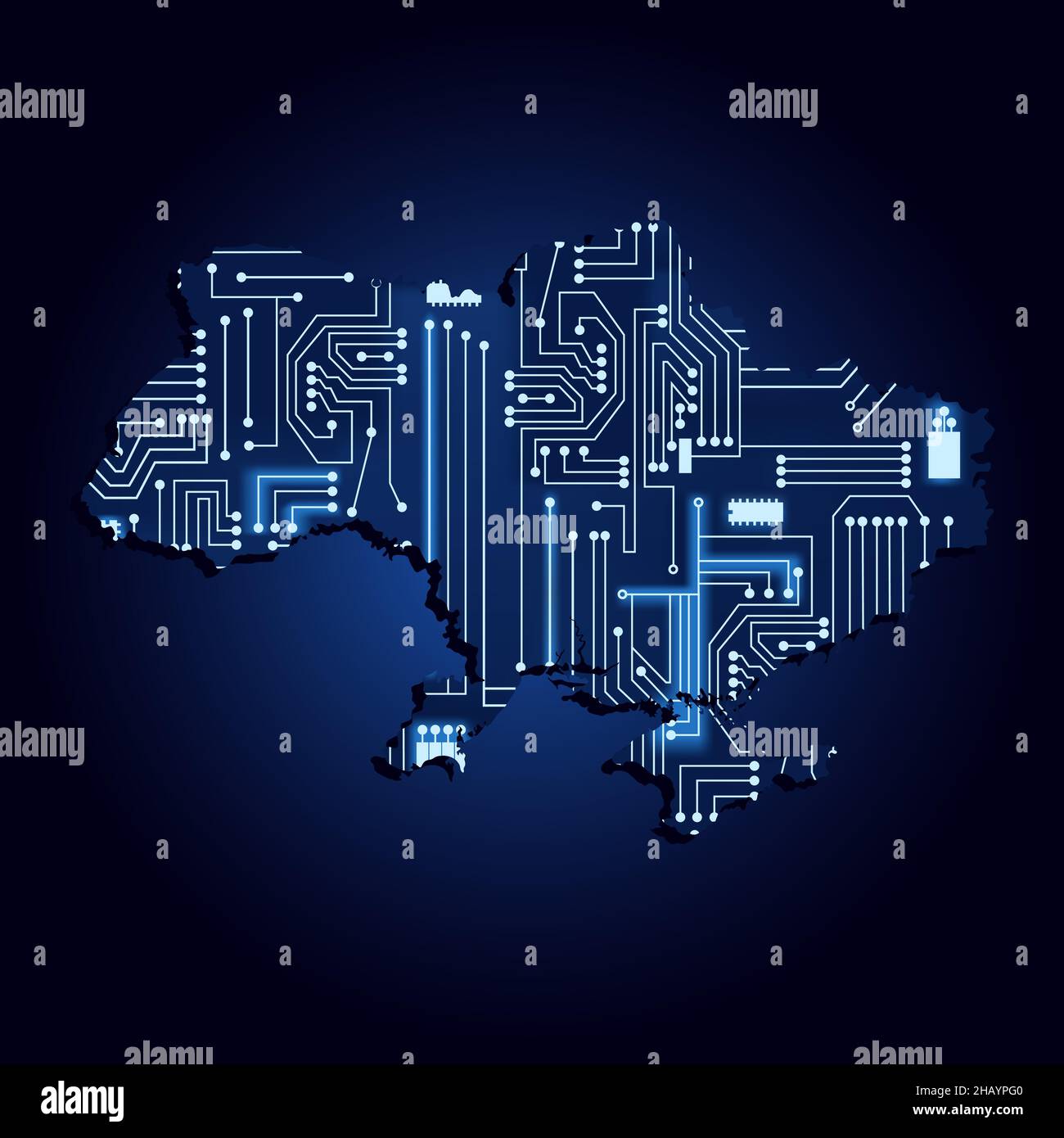 Contour map of Ukraine with a technological electronics circuit. Stock Vector