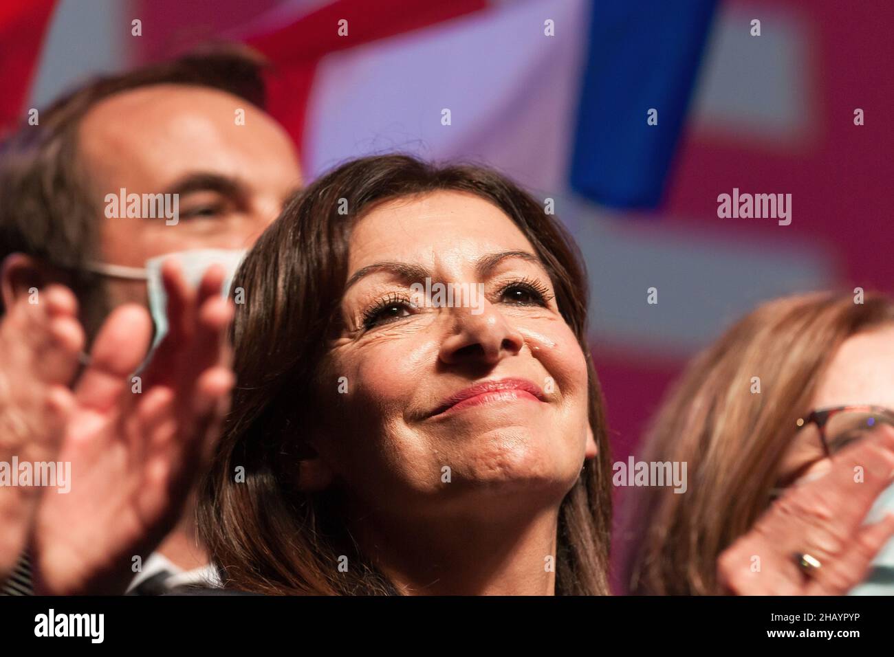 Anne Hidalgo seen smiling on stage at the end of a meeting in Perpignan. The first meeting of Anne Hidalgo, representative of the socialist party to the French presidential election of 2022 has gathered barely more than 1000 people. Her score estimated at 3% by the last polls poses a problem of financing the electoral campaign. It will be necessary to reach at least a score of 5% in the first round to obtain a refunding of the expenses of campaign by the state. At the meeting in Perpignan, the militants only gave 580 Euros to the campaign financing account. (Photo by Laurent Coust/SOPA Image Stock Photo