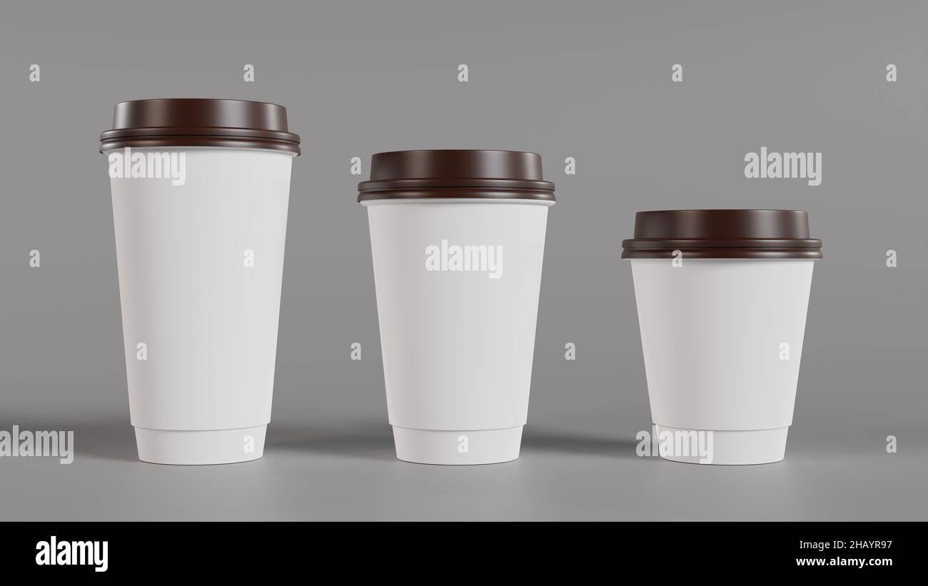 Unbranded paper coffee glasses of three sizes. 3D rendering ...