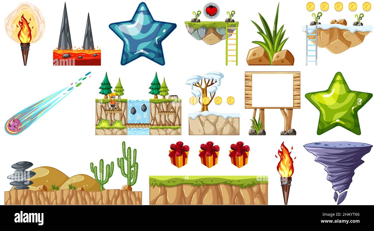 Set of isolated fantasy space game objects and elements illustration ...