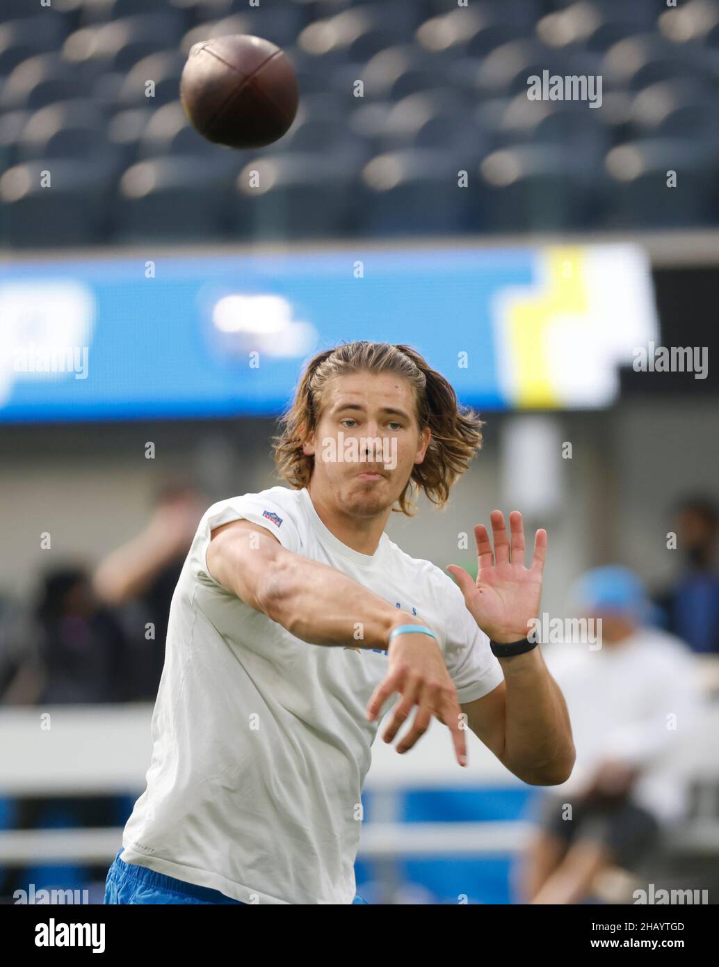Inglewood, California, USA. 12th Dec, 2021. Los Angeles Chargers quarterback Justin Herbert (10) in action before the NFL game between the Los Angeles Chargers and the New York Giants at SoFi Stadium in Inglewood, California. Charles Baus/CSM/Alamy Live News Stock Photo