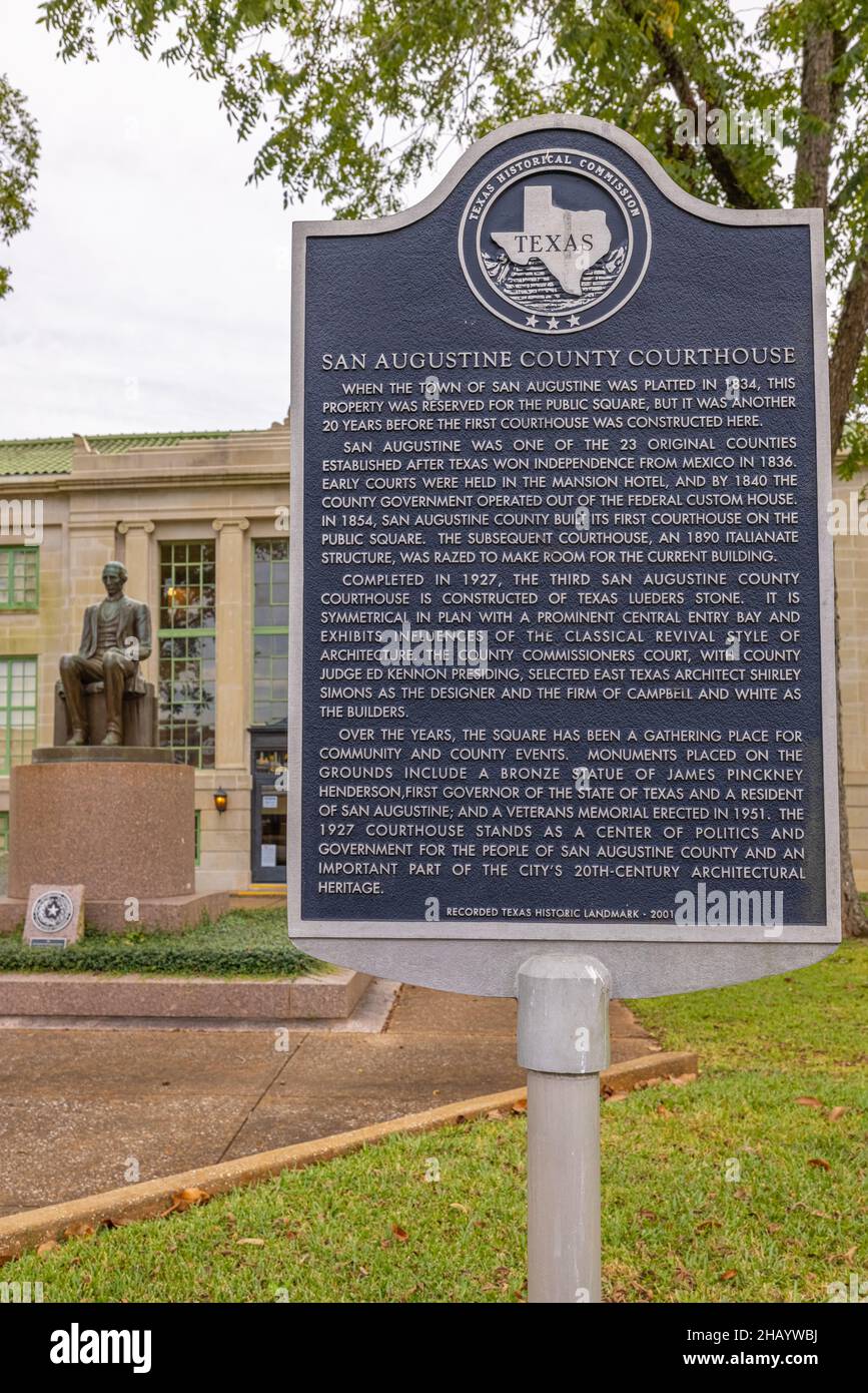 San Augustine, Texas, USA October 17, 2021 Plaque telling the