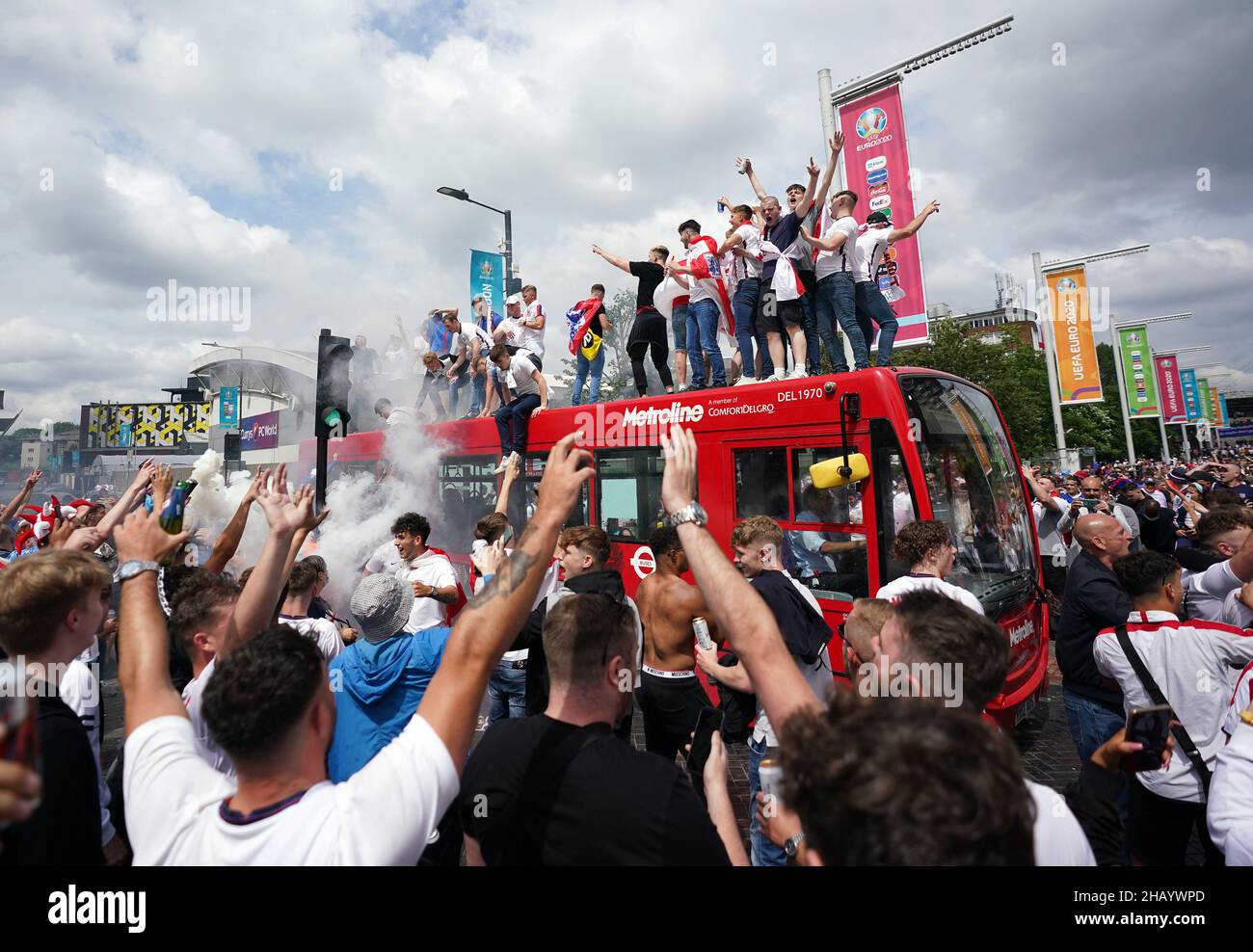 It has been another eventful year of sporting action in 2021. Here, the PA news agency takes a look at the sporting year through the best pictures. File photo dated 11-07-2021 of England fans climb aboard a bus outside the ground ahead of the Euro 2020 final at Wembley. The day was marred by crowd trouble with ticketless thugs storming into the stadium before kick-off. Issue date: Thursday December 16, 2021. Stock Photo
