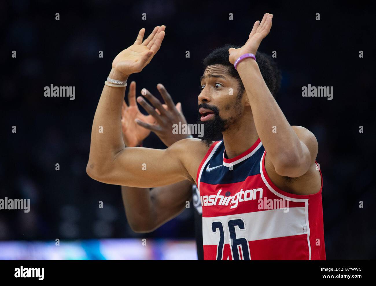 Sacramento, CA, USA. 15th Dec, 2021. Washington Wizards guard Spencer Dinwiddie (26) reacts a after a play in the first half during a game at the Golden 1 Center on Wednesday, Dec 15, 2021, in Sacramento. (Credit Image: © Paul Kitagaki Jr./ZUMA Press Wire) Stock Photo