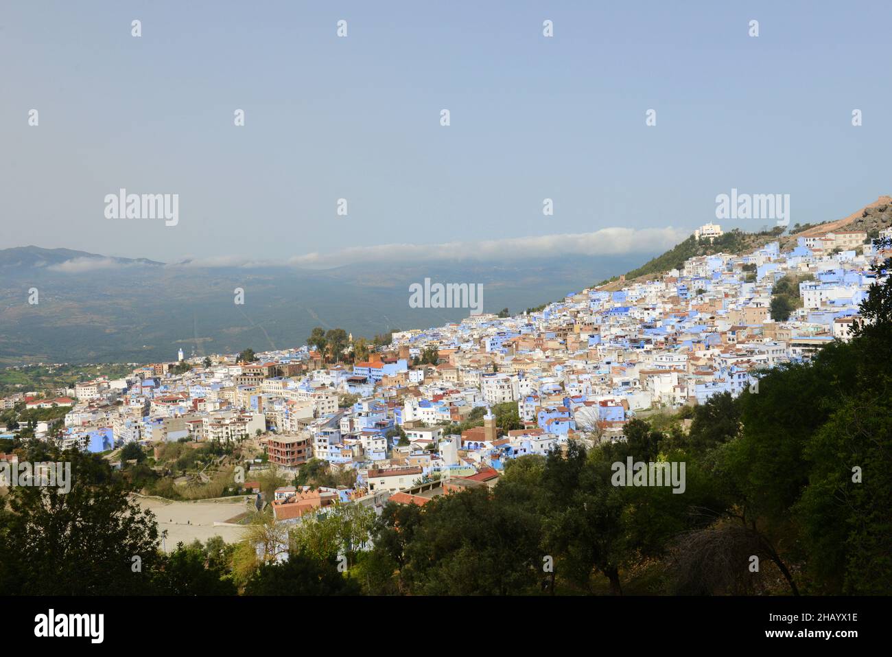 View of the Blue City of Chefchouen in the Rif mountains in Morocco. Stock Photo